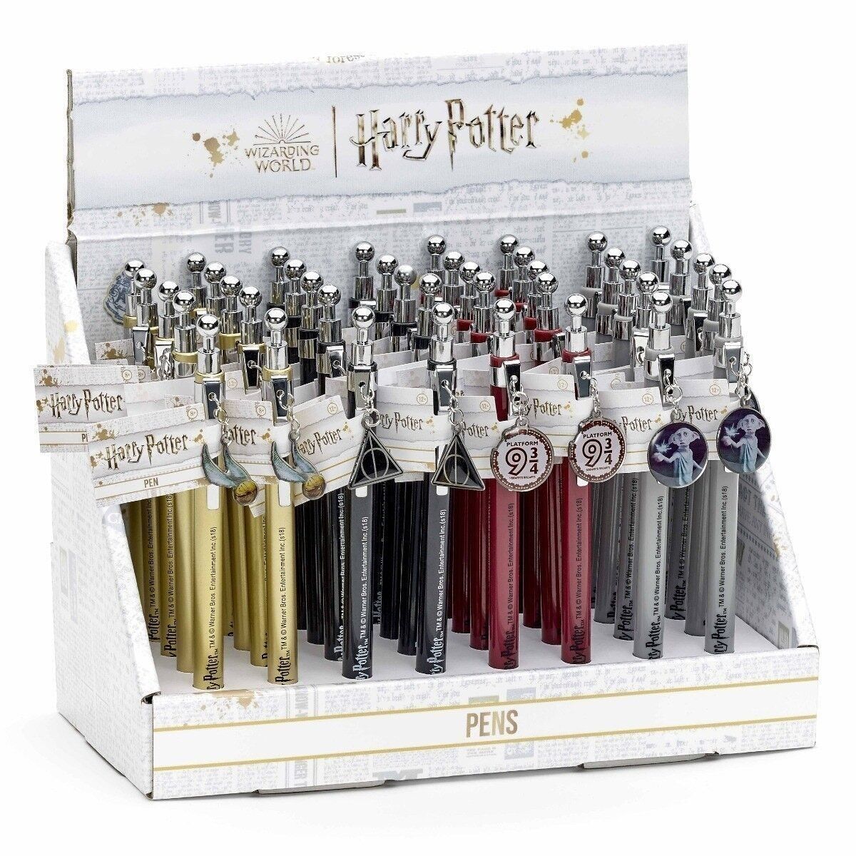 Boîte de présentation officielle Harry Potter contenant 10 de chaque stylos Golden Snitch, Deathly Hallows, Hogwarts Railways 9 3/4 & Dobby