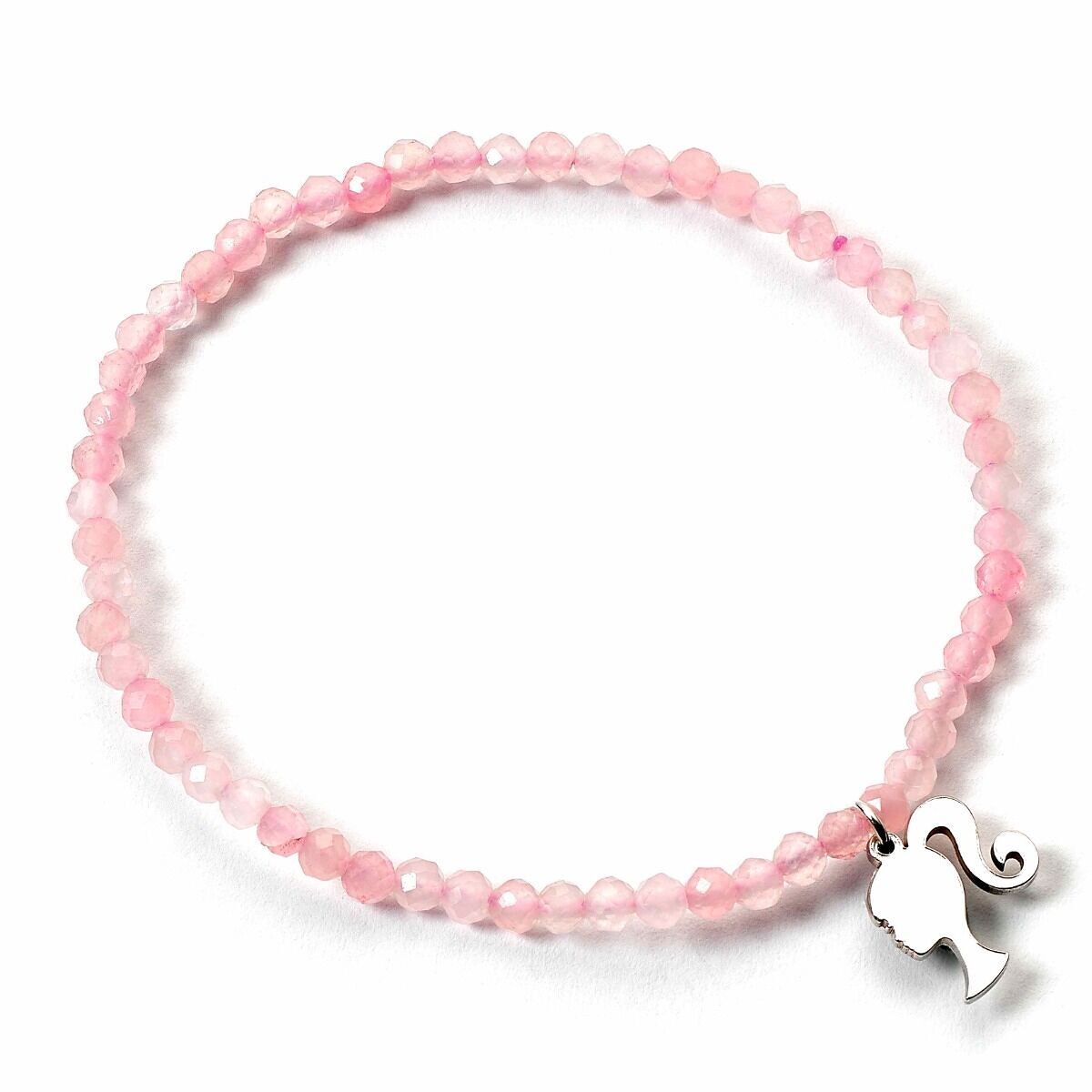 Bracelet Barbie en argent sterling avec breloque silhouette et perles de quartz rose