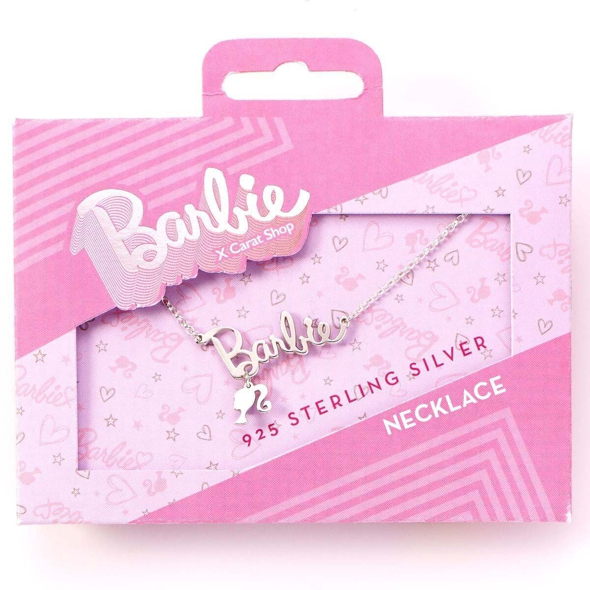 Collier Barbie en argent sterling avec logo nom et breloque silhouette