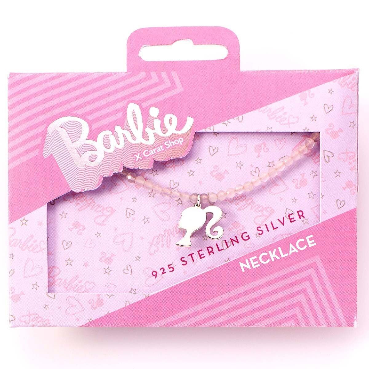Barbie Sterling Silver Silhouette Charm sur un collier de perles de quartz rose