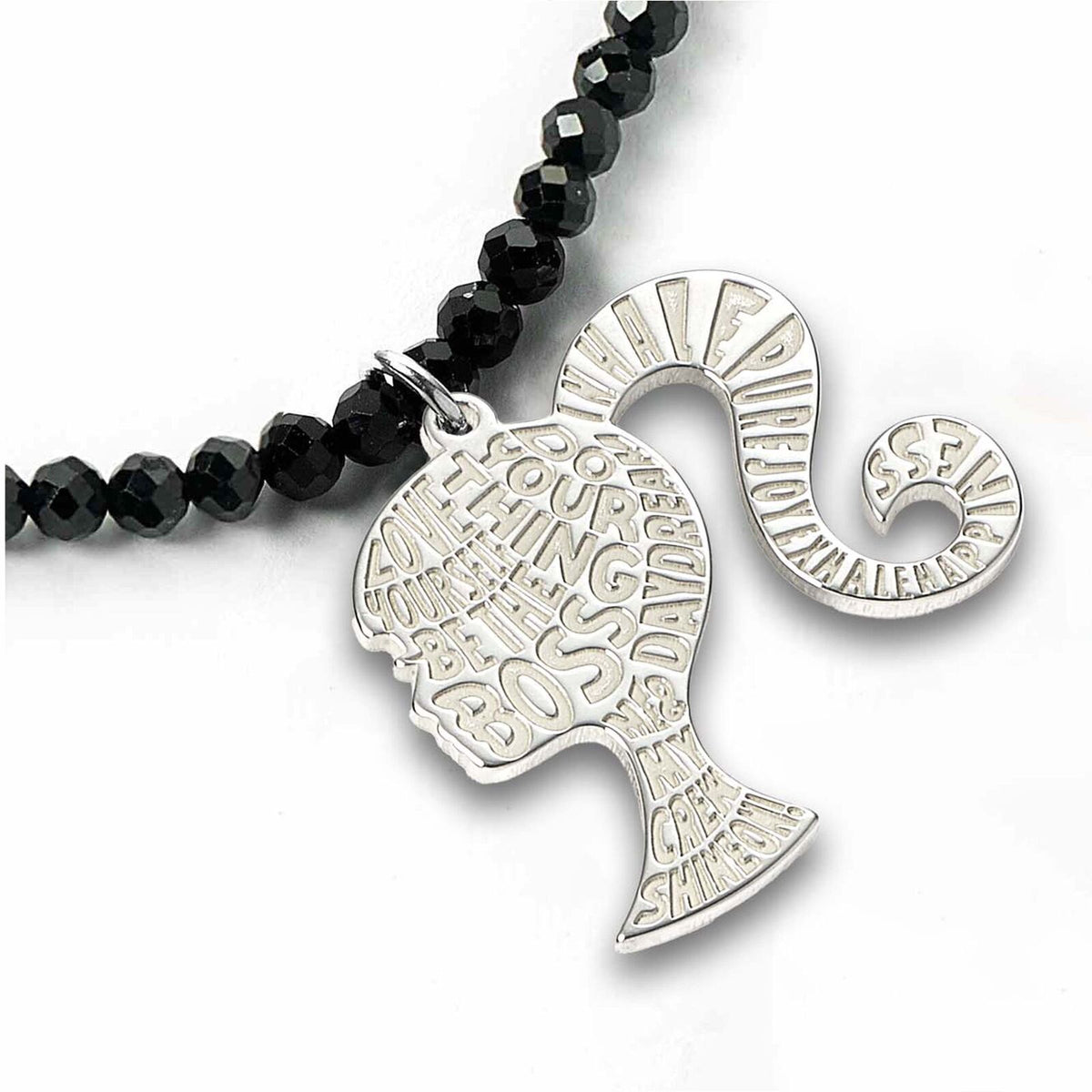 Barbie Sterling Silver Silhouette sur un collier de perles d’onyx noir