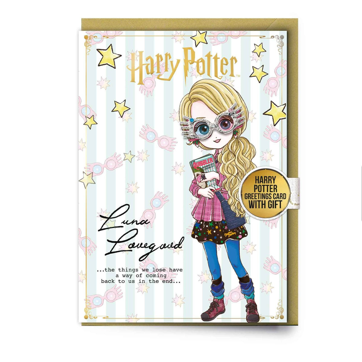 Carte de vœux du personnage Luna Lovegood avec badge