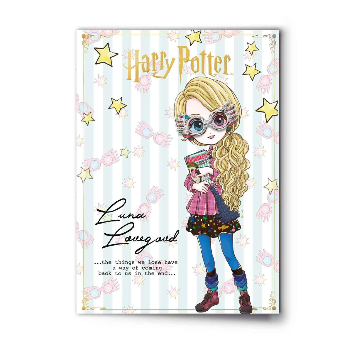 Carte de vœux du personnage Luna Lovegood avec badge
