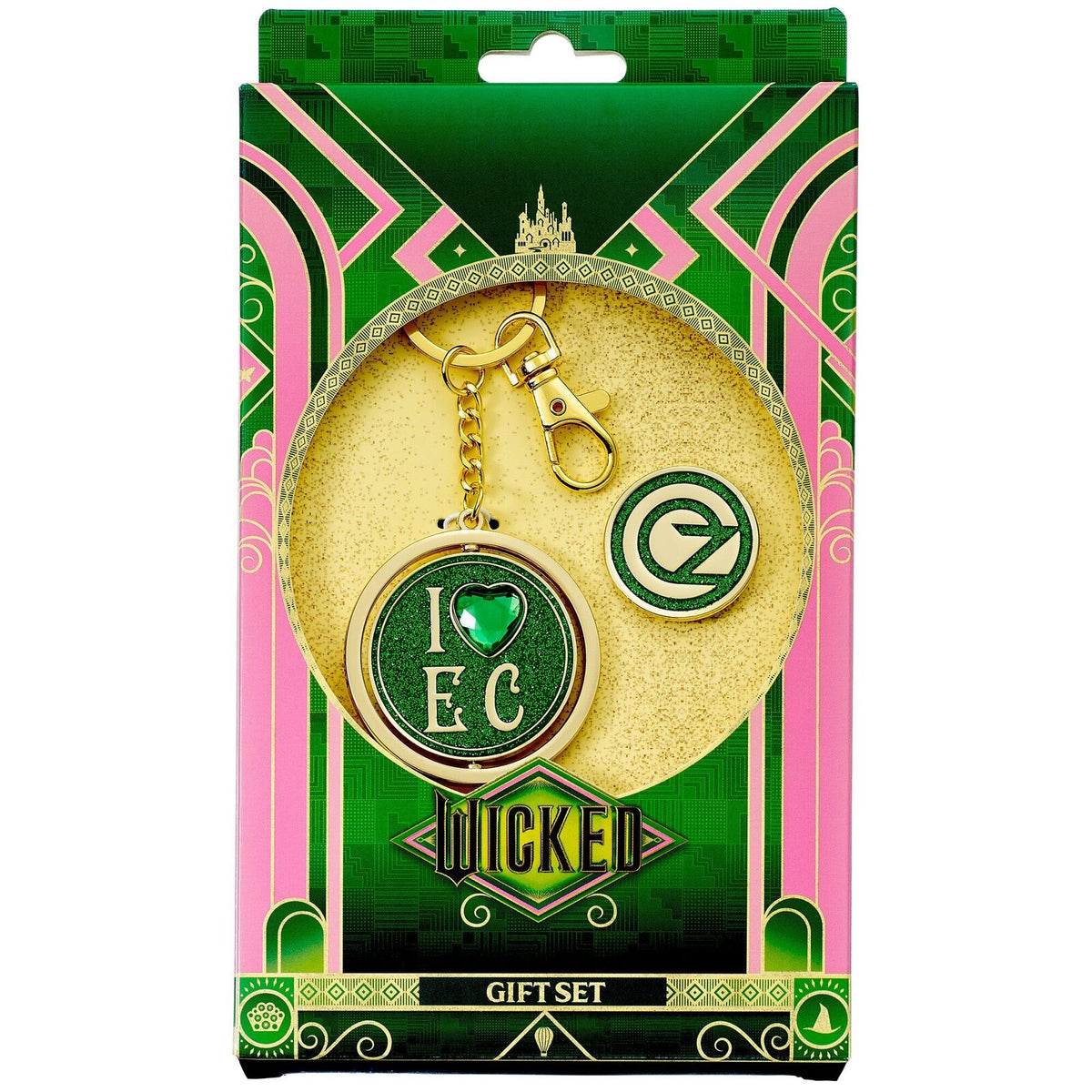 Coffret cadeau porte-clés et badge avec logo Oz Wicked I Love Emerald City