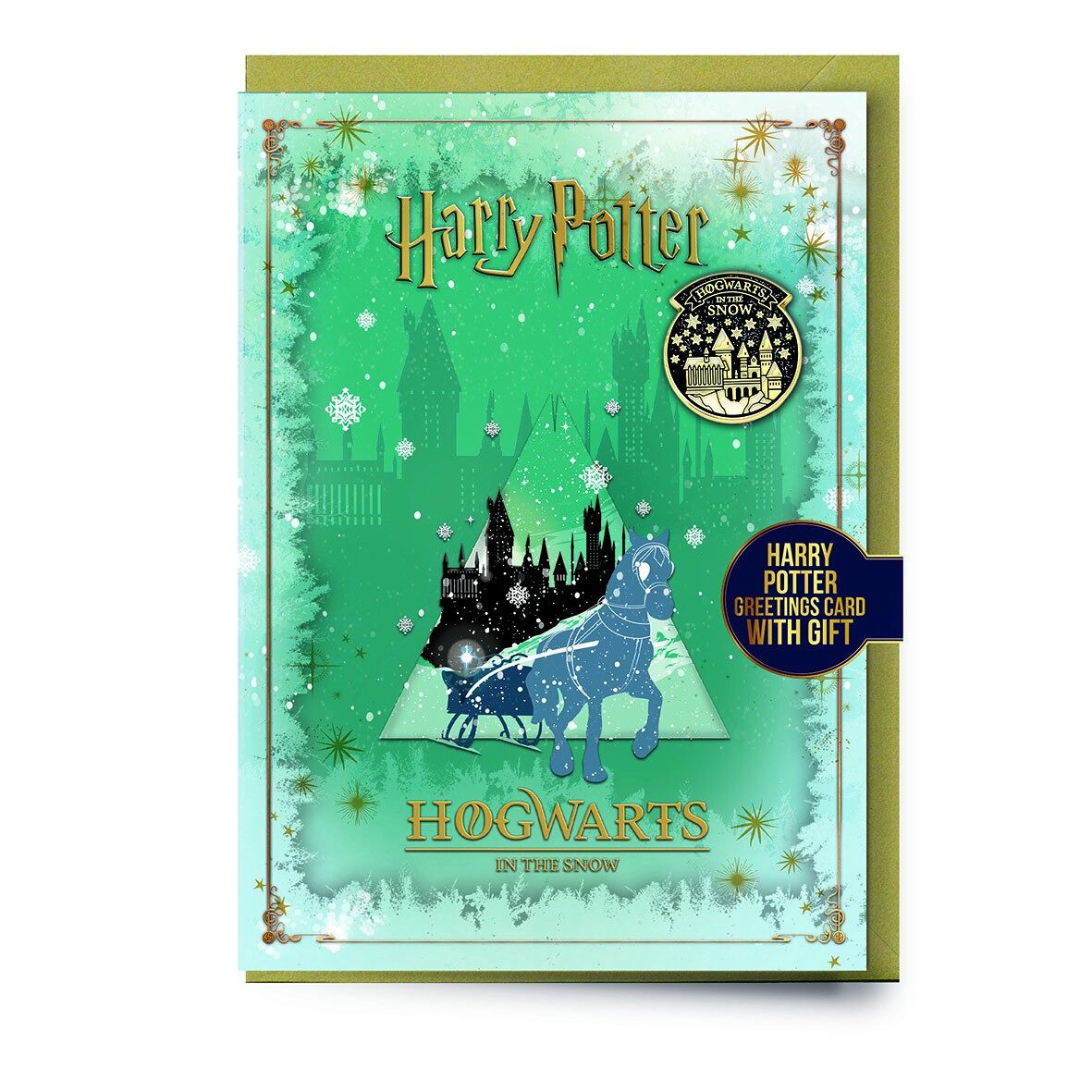 Carte de Noël Harry Potter Poudlard sous la neige avec badge Poudlard sous la neige