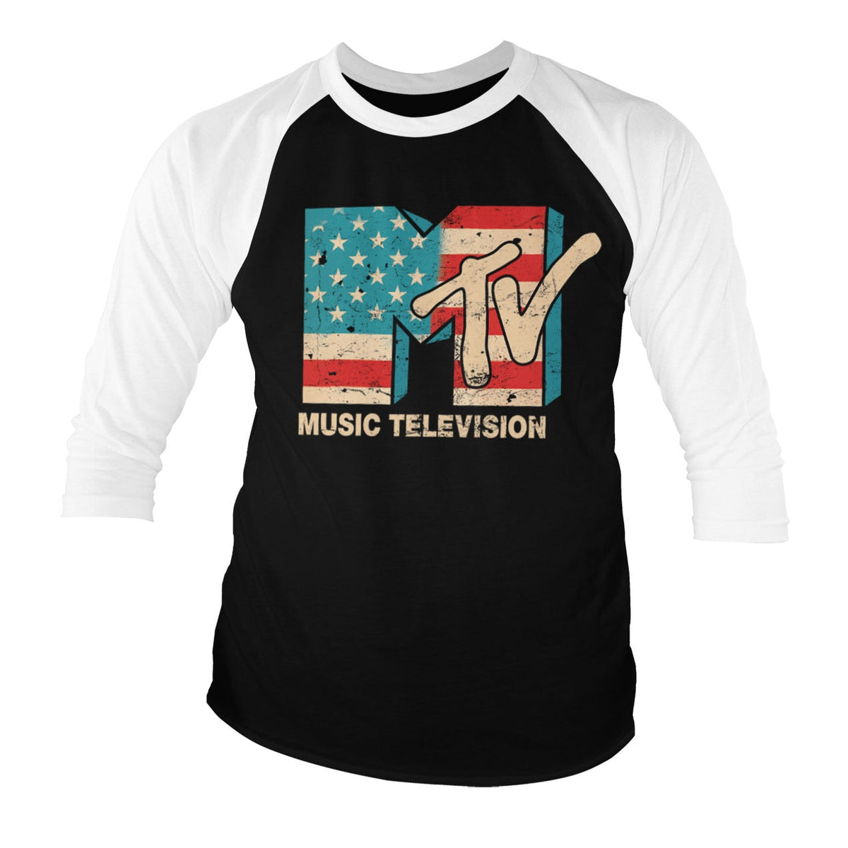 MTV Distressed USA-Flag Baseball 3/4 Sleeve Tee – T-shirt baseball manches 3/4