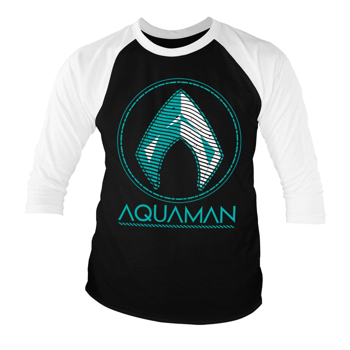 Aquaman - Distressed Shield Baseball 3/4 Sleeve Tee – T-shirt baseball manches 3/4